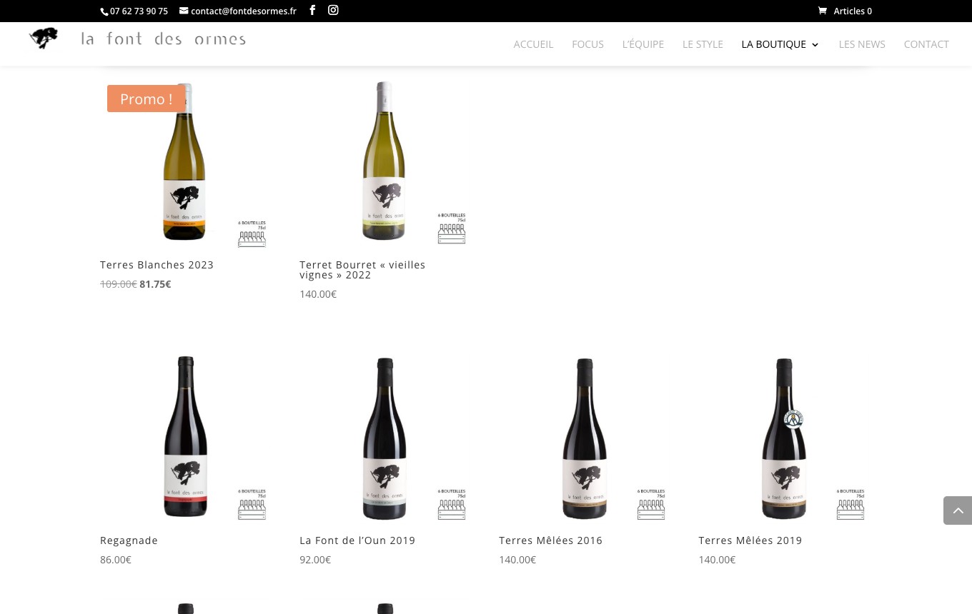 Capture de la page boutique : grille de produits avec prix en petits caractères gris
