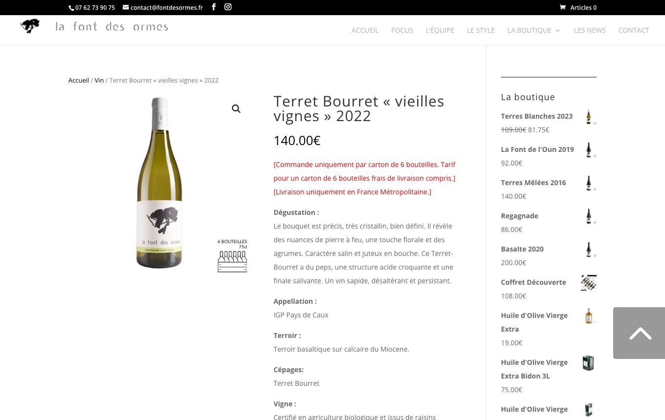 Capture d'une fiche produit : titre, prix, puis pavé de specs ; le bouton d'achat n'est pas visible